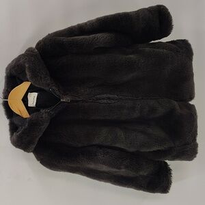 Zara Kids Faux Fur Coat Girls Fuzzy Hooded Zip Up Pockets Warm Charcoal Gray 10